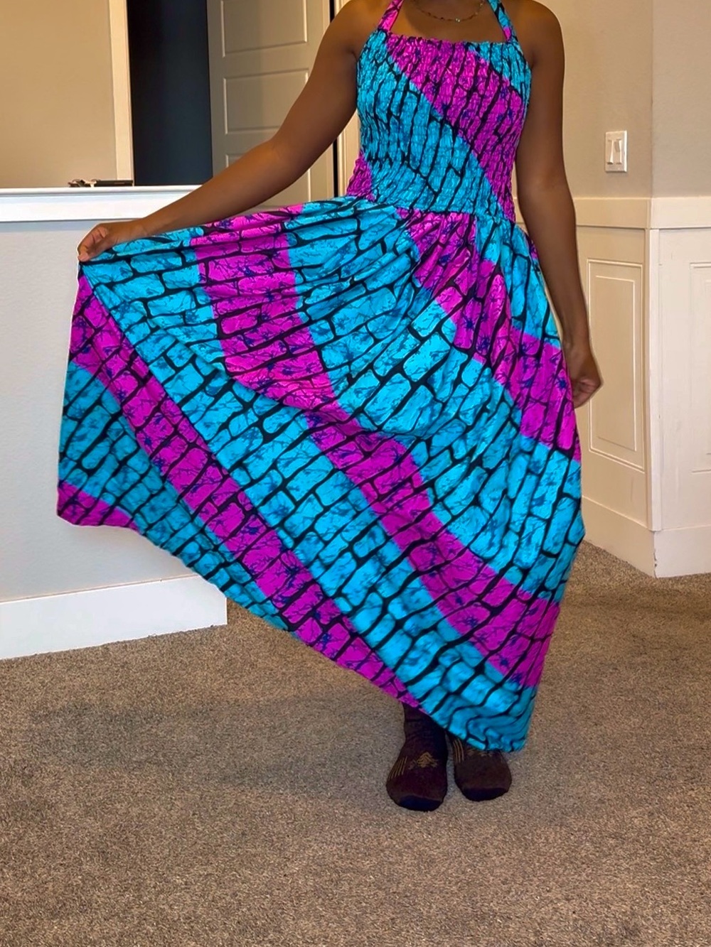 Vibrant Blue & Magenta Halter Maxi Dress